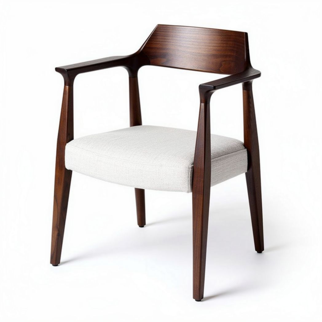 Chaise en bois foncé avec assise en tissu beige et accoudoirs 45 x 55 x 80cm
