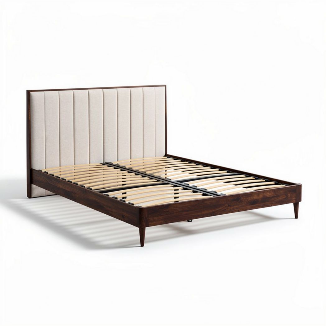 Lit en bois avec tête de lit en tissu beige dimensions 200 x 160 x 100cm