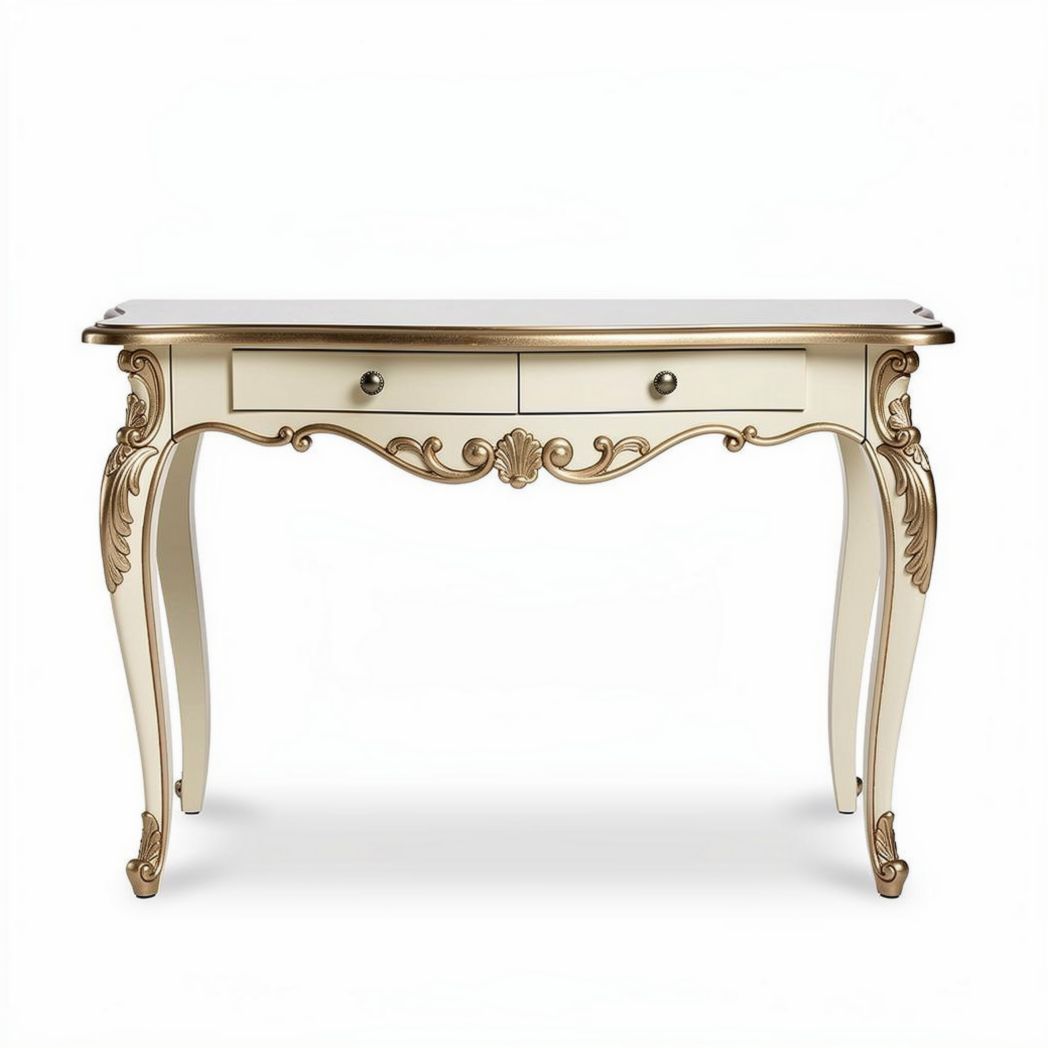Table console élégante en bois avec deux tiroirs en finition crème 120 x 40 x 75cm