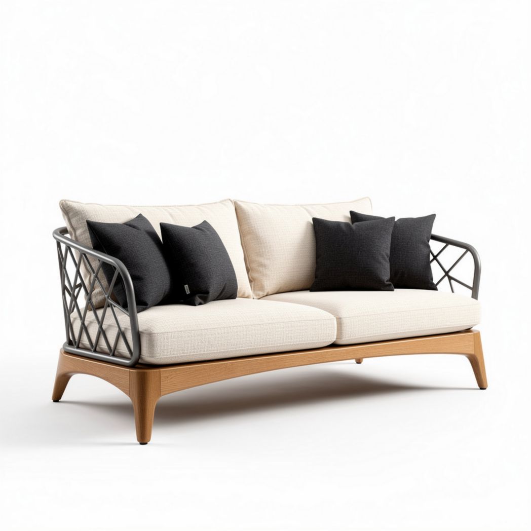 Canapé en rotin naturel avec coussins noirs et structure en métal 200 x 80 x 90cm