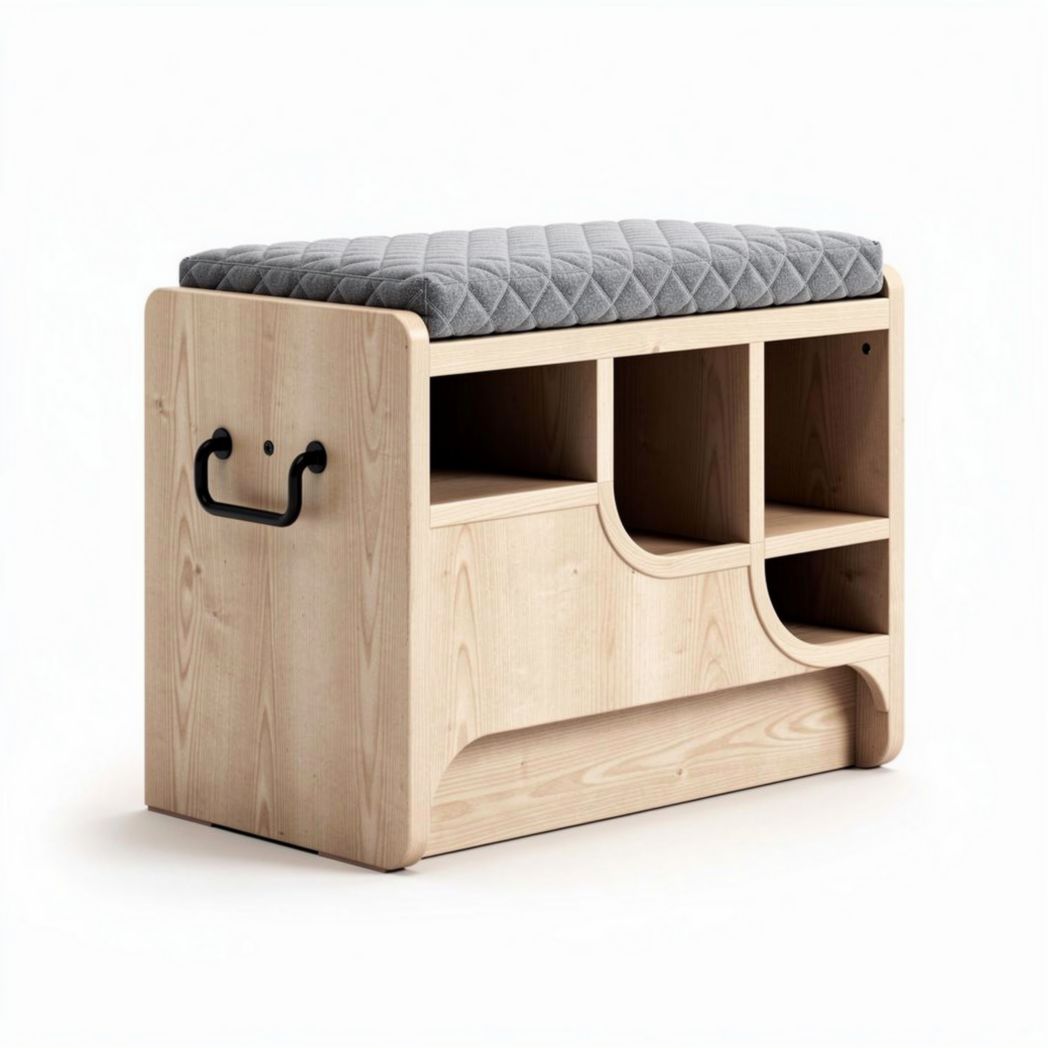 Banquette en bois clair avec coussin gris et rangement intégré 80 x 40 x 45cm