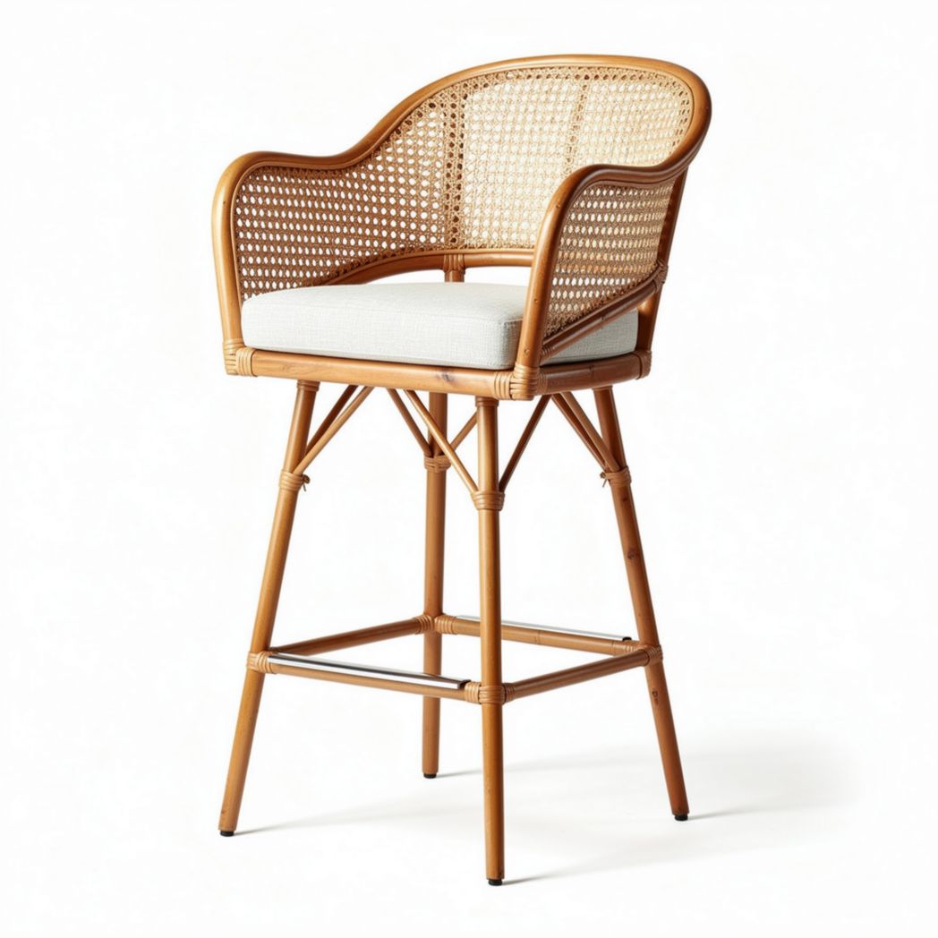 Chaise haute en rotin avec coussin gris pour salle à manger 85 x 55 x 100cm
