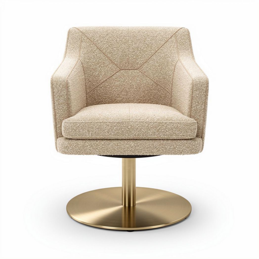 Fauteuil pivotant en tissu beige avec base en métal doré 70 x 70 x 80cm